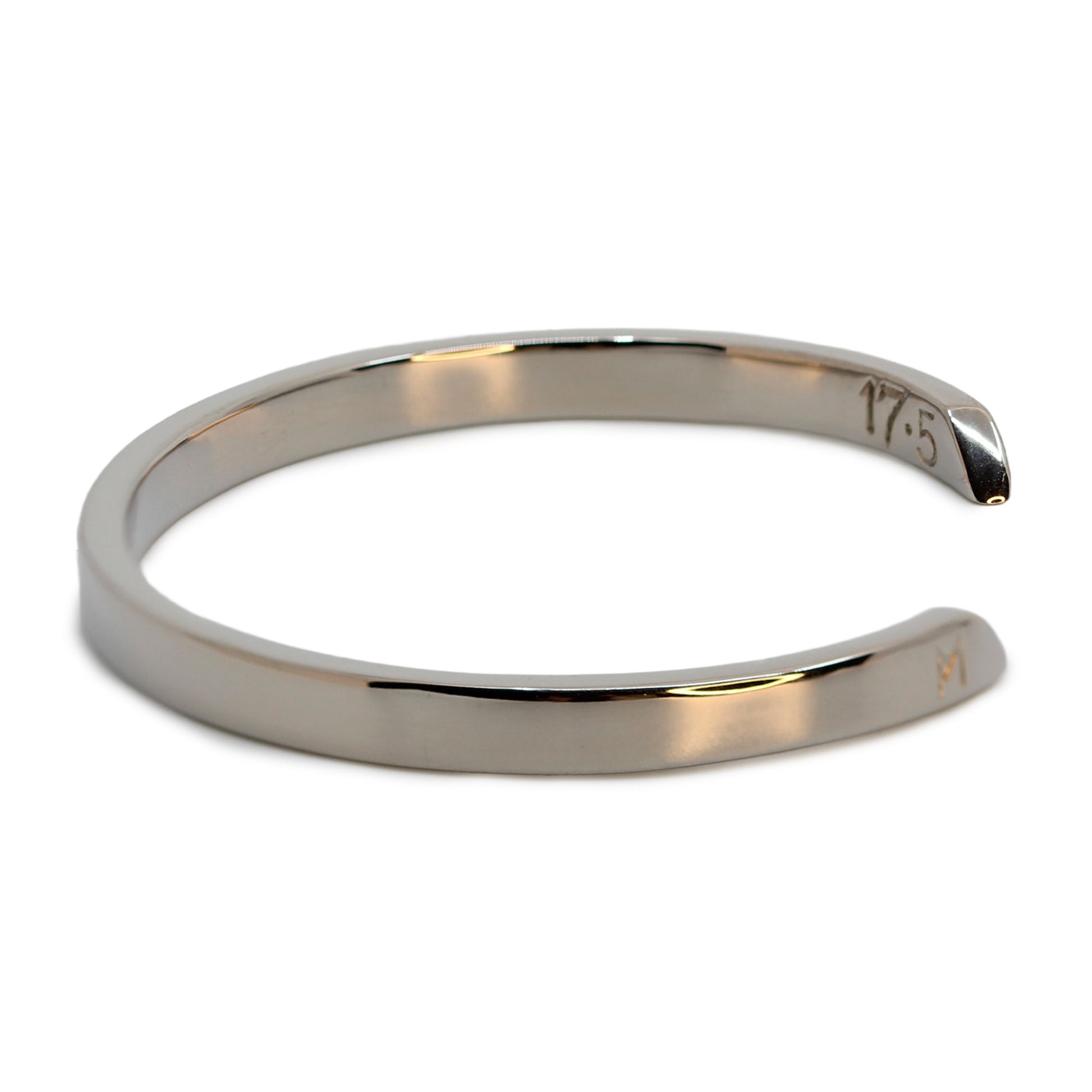Single silver-colored titanium bangle, 5 mm wide. Image shows side view of bangle.