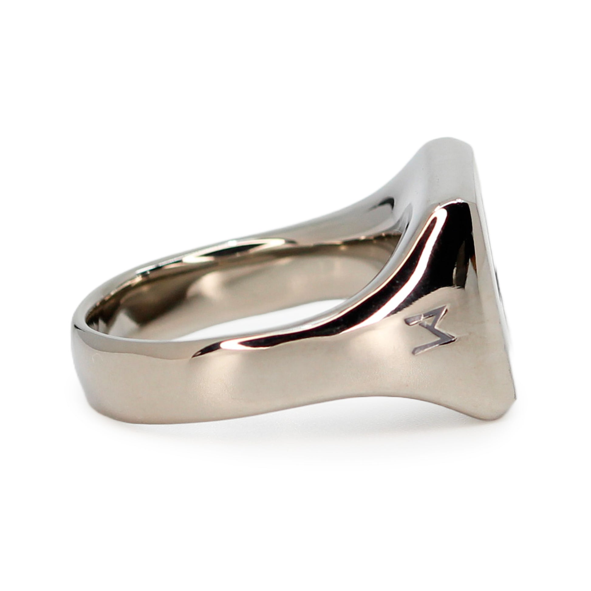 Single silver-colored titanium signet ring, 15x15 mm wide surface. Image shows side view of the ring