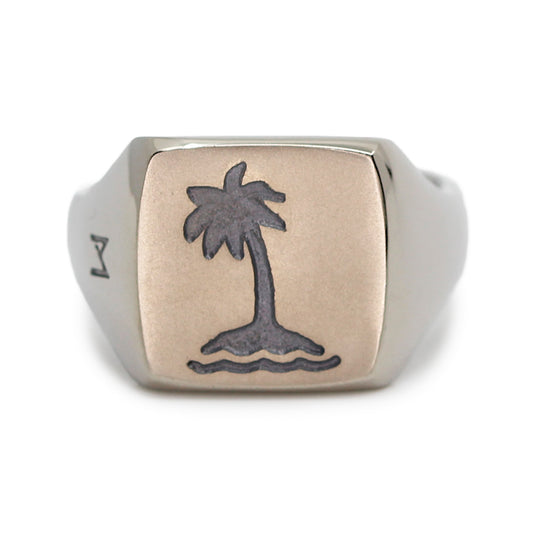 Single silver-colored titanium signet ring, 15x15 mm wide surface with an engraved palm tree. Image shows front view of the ring