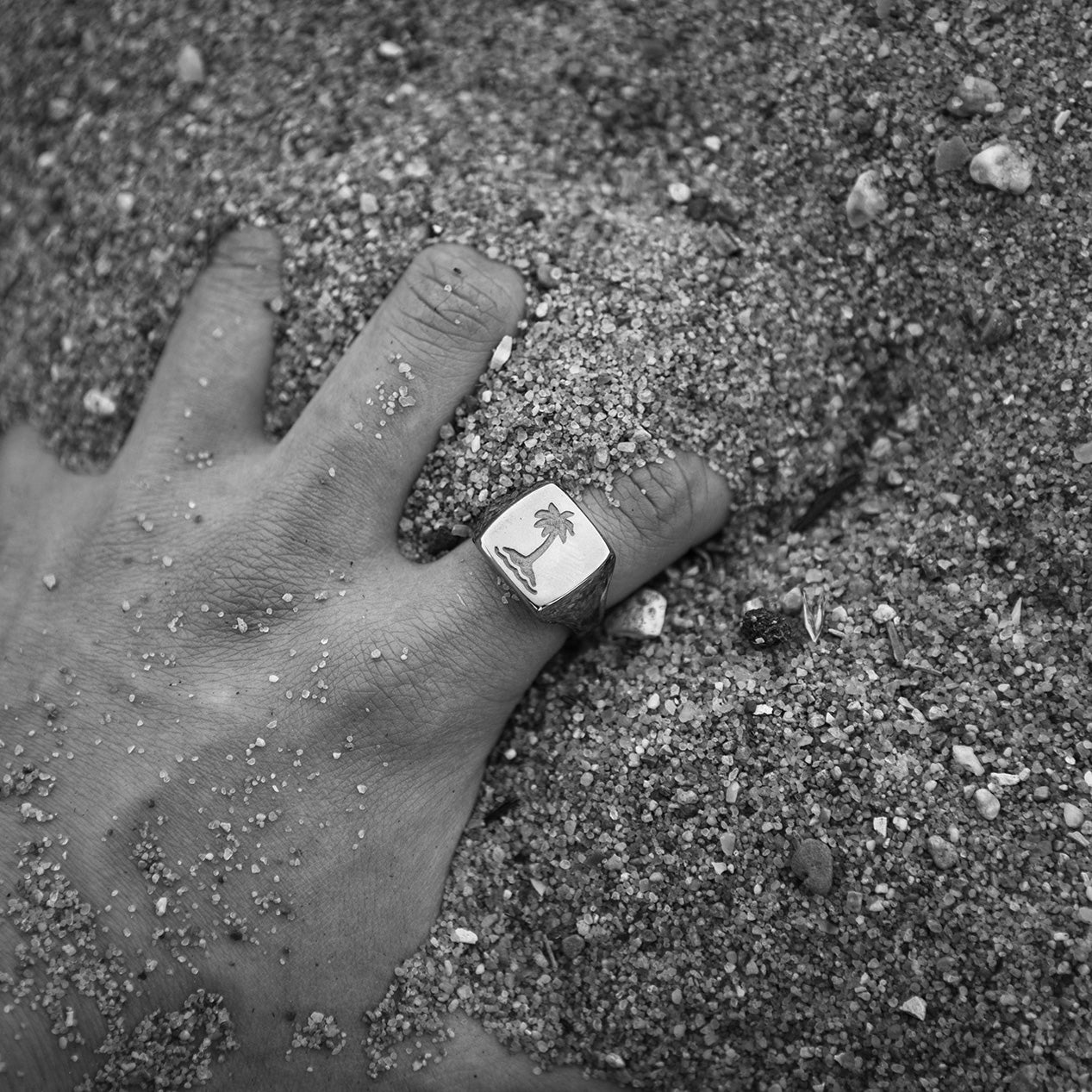 Hand in sand wearing a titanium signet ring with an engraved palm tree on one finger.