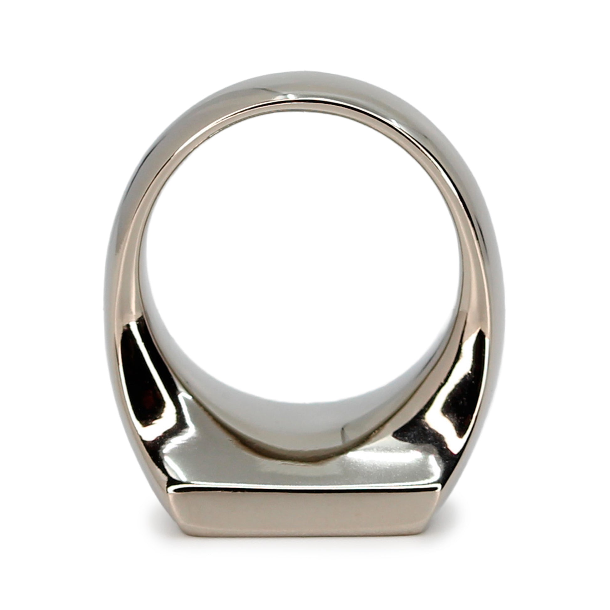 Single silver-colored titanium signet ring, 15x15 mm wide surface ring is placed with surface down.