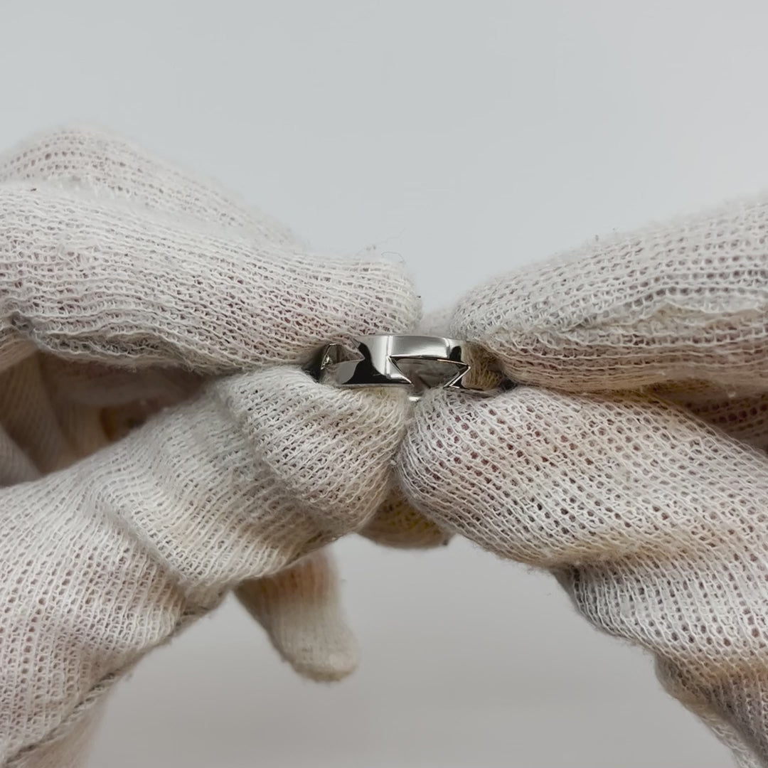  Showing all angles of a single silver-colored titanium ring, 6 mm thick with a zig-zag pattern.